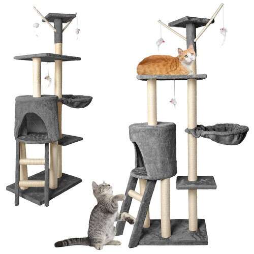 Purlov Macskafa 5-level cat tree with cats playing and resting