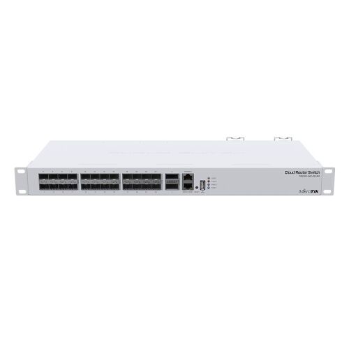 Преден изглед на Mikrotik CRS326-24S+2Q+RM Cloud Router Switch с 24x10Gbps SFP+ и 2x40Gbps QSFP+ портове