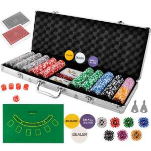 Set de poker cu 500 jetoane, 2 pachete de cărți, butonul dealerului, blind mare, blind mic, 5 zaruri, covor din pâslă verde, cutie din aluminiu - Malatec