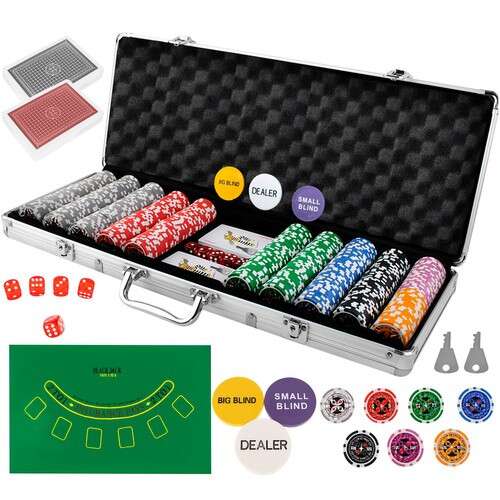 Set de poker cu 500 jetoane, 2 pachete de cărți, butonul dealerului, blind mare, blind mic, 5 zaruri, covor din pâslă verde, cutie din aluminiu