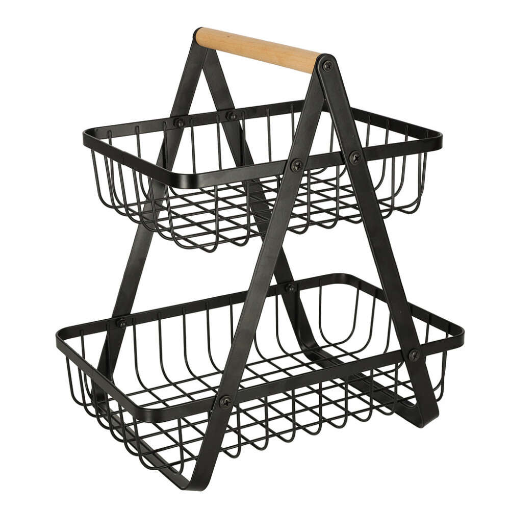 E-shop Dvojposchodový ovocný kôš, skladací, drevo + kov, čierna farba