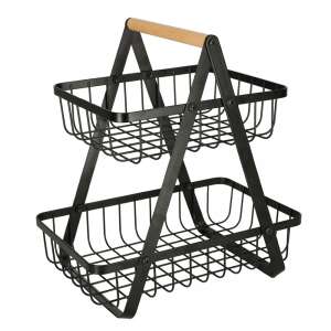 Black two-tier fruit basket with wooden handle - Kik