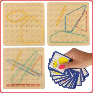 Geoboard geoplan wooden puzzle game with rubber bands, set of cards with shapes and examples of shapes made with rubber bands - Creative Toy