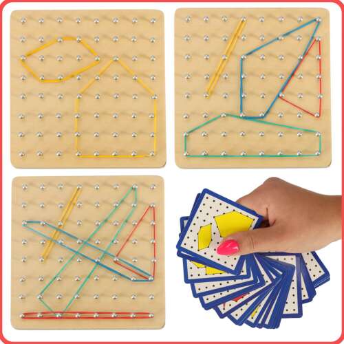Geoboard geoplan wooden puzzle game with rubber bands, set of cards with shapes and examples of shapes made with rubber bands
