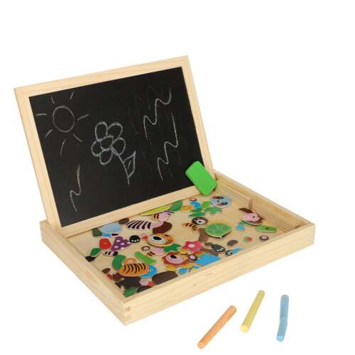 Wooden magnetic drawing board with animal magnets, chalk board, and accessories