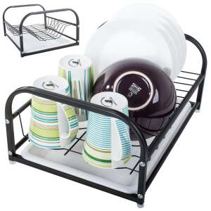 Black metal dish drying rack with white tray, holding plates and mugs - Dish Rack