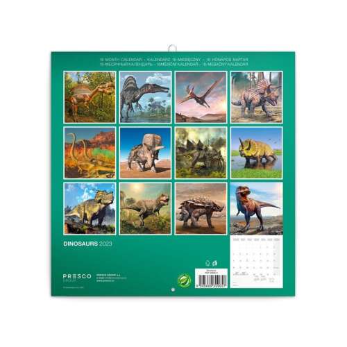 2024-es dinoszaurusz falinaptár 12 különböző dinoszaurusz illusztrációval, a borítón egy T-Rex-szel, a Presco-tól