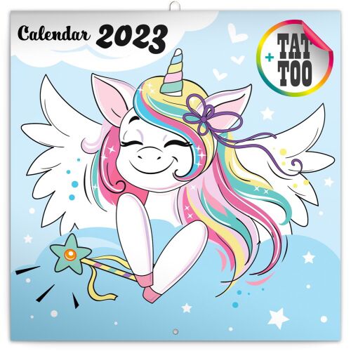 Realsystem Happy Unicorns 2023 Calendar cover, cute unicorn with tattoo sticker