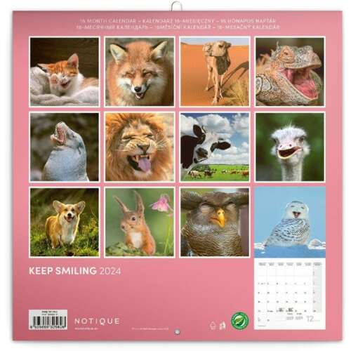 Keep Smiling 2024 falinaptár, hátsó borító, nevető állatok kollázsa