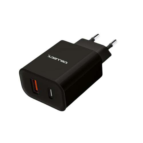 Cellect 20W fast charging adapter with USB-C and USB-A ports, black