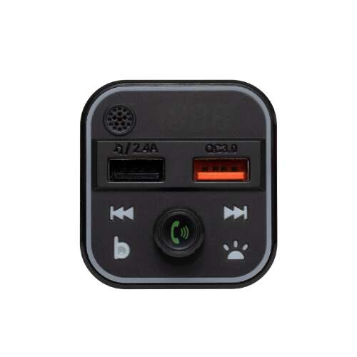 Transmițător FM Bluetooth SAL FMBT 18RGB, vedere din față, afișând controale, afișaj și două porturi USB