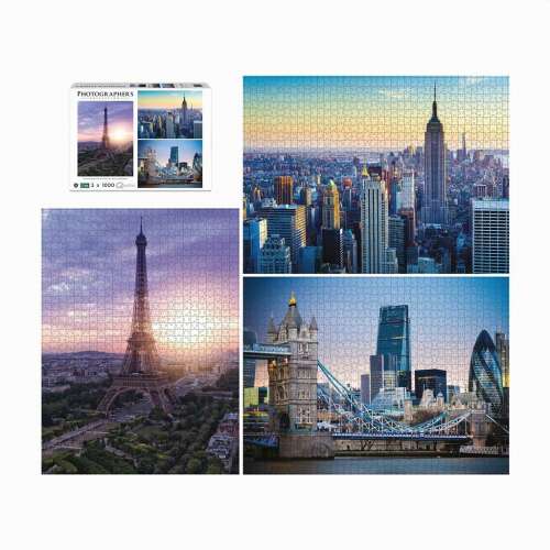Ambassador Photographer's Collection 3 x 1000 darabos puzzle az Eiffel-toronnyal, New York City látképével és a Tower Bridge-el