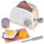 Wooden toy breakfast set with a toaster, a slice of bread, a fried egg, a butter stick, a jar of jam, a plate, and a knife
