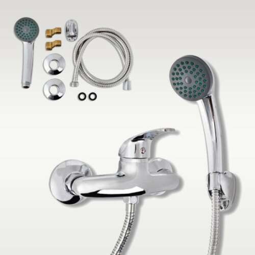 Krómozott fürdőszobai kádtöltő csaptelep zuhanyzó szettel, zuhanyrózsával, tömlővel és szerelési tartozékokkal