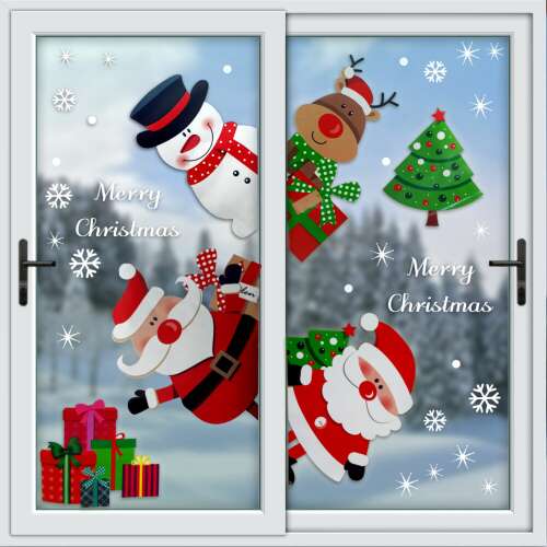 Weihnachtsfensteraufkleber mit Weihnachtsmann, Schneemann, Rentier, Weihnachtsbaum und Geschenken