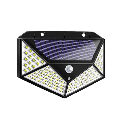 Lampă solară cu senzor de mișcare pentru exterior, 100 LED, neagră, cu panou solar integrat și senzor de mișcare