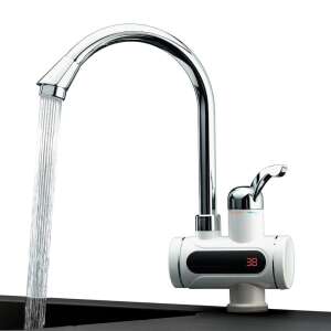 Instant hot water tap with LCD display, 3kW, 1.5-2L/min, 360° rotation, white, chrome - Faucet