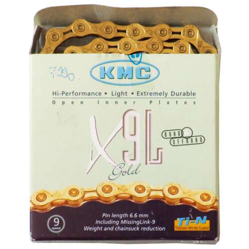 KMC X9L Gold kerékpár lánc, 9 sebességes, titán nitrid bevonattal