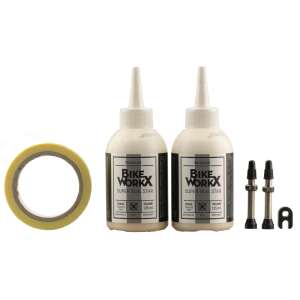 BikeWorkx Tubeless Ready Kit MTB, tartalmaz 2 x 40 mm-es tömlő nélküli szelepet, 1 x 125 ml Super Seal Star tömítőszert, 1 x 25 mm-es felniszalagot, 1 x szelep eltávolító szerszámot - BikeWorkx