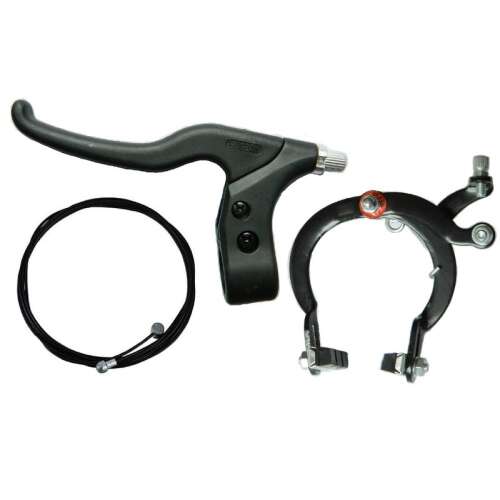 Fekete kerékpár fékszett karral, féknyereggel és kábelekkel