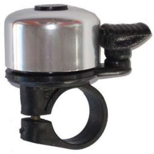 Ezüst BikeTrade kerékpár csengő fekete markolattal és rögzítő gyűrűvel