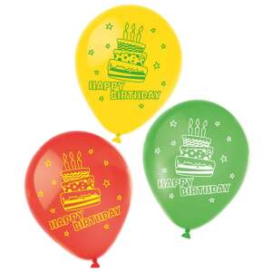Happy Birthday balloons, 6 pack, 22.8 cm, red, yellow, green, cake design - Balloon