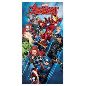 Ręcznik plażowy Marvel Avengers, 70x137 cm, szybko schnący, z Kapitanem Ameryką, Iron Manem, Hulkiem, Thorem, Czarną Wdową, Czarnym Panterą, Szkarłatną Wiedźmą i Kapitan Marvel - Akcesoria kąpielowe