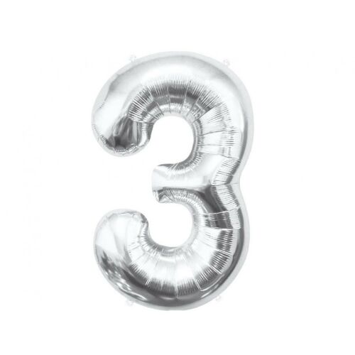 Ezüst 3-as szám fólia lufi, 85 cm - Party kellék