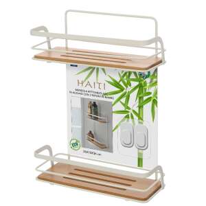 Feridras Haiti bathroom shelf, metal and bamboo, 2 shelves, white - Bathroom Furniture