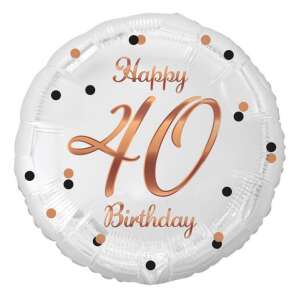 Happy 40th Birthday white foil balloon with rose gold number 40 and black and gold confetti - Balloon