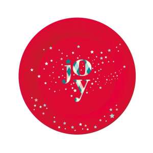Red Joy Christmas paper plate with stars and the word 'joy' in a plaid pattern - Disposable Plate