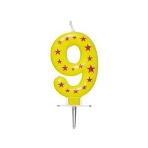 Yellow number 9 birthday candle with red stars - Party Supply