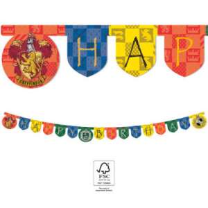 Harry Potter Hogwarts Houses Happy Birthday Banner, 2m long, featuring the Hogwarts house crests and the words 'Happy Birthday' - Party Decoration