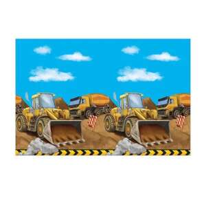 Construction themed disposable tablecloth with yellow excavators and trucks on a blue background - Tablecloth