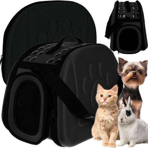 Purlov schwarze faltbare Haustiertragetasche Collage mit Katze, Hund und Kaninchen