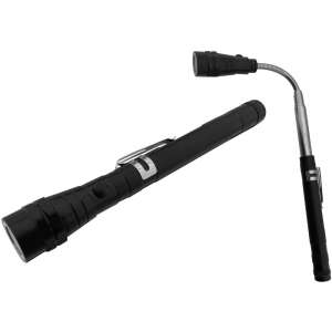 Entac LED elemlámpa kihúzható nyakkal, fekete, 1W, 30 lumen, 5 órás üzemidő, mágneses talp, övklipsz - Entac