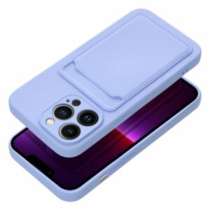 Angled view of iPhone 15 Pro Lila Silicone Case with Card Slot - Haffner