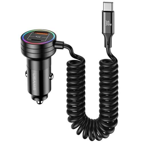 USAMS 60W autós töltő rugós kábellel, fekete, USB-C és USB-A porttal - Autós töltő