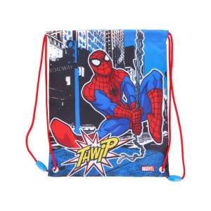 Pókember húzózsinóros táska, kék színű, piros húzózsinórokkal, Pókemberrel a városban - Ovis zsák