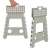 Collage of light grey folding step stool with white polka dots, non-slip surface, 39 cm high, showing different angles and folded position