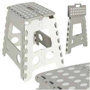 Collage of light grey folding step stool with white polka dots, non-slip surface, 39 cm high, showing different angles and folded position - Ladder and Step Stool