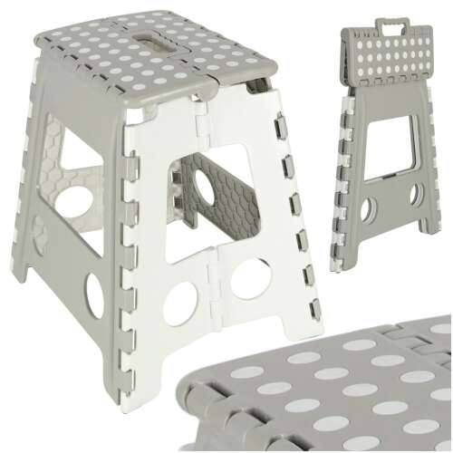 Collage of light grey folding step stool with white polka dots, non-slip surface, 39 cm high, showing different angles and folded position