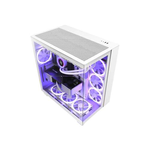 Szögletes nézet az NZXT H9 Flow Fehér PC házról, alkatrészekkel és RGB világítással