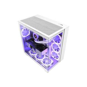 Schräge Ansicht des NZXT H9 Flow White PC-Gehäuses mit Komponenten und RGB-Beleuchtung - Computergehäuse