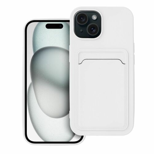 iPhone 15 white silicone card holder case, front view