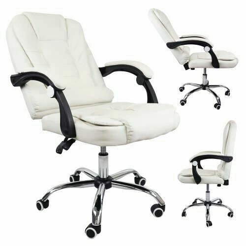 Pepita 135-degree reclining eco-leather office chair with padded armrests, off-white, multiple angles