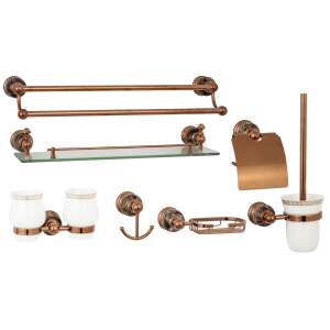 TRENDY'S 7-piece bathroom accessories set in rose gold with jade accents, including towel rack, toilet paper holder, toothbrush holder, soap dish, tumbler holder, and robe hook - Other bathroom accessory
