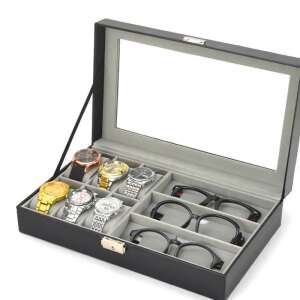 Nyitott fekete óra- és szemüvegtartó doboz 6 órahellyel és 3 szemüveghellyel - Óraforgató & óratartó doboz