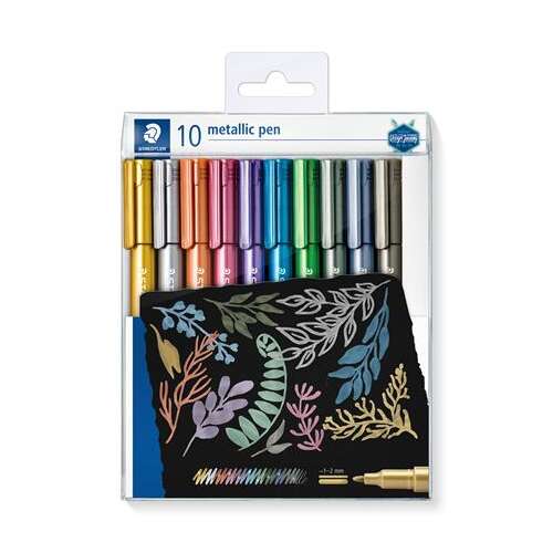 Sada dekoratívnych fixiek STAEDTLER, 10 ks, metalické, 1-2 mm, šikmé, STAEDTLER "8323", 10 rôznych farieb