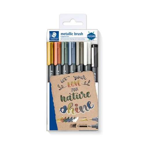 STAEDTLER Metallic Brush Pens, 6-piece set, 1-6 mm brush tip, for decorative drawing and creative lettering, metallic colors